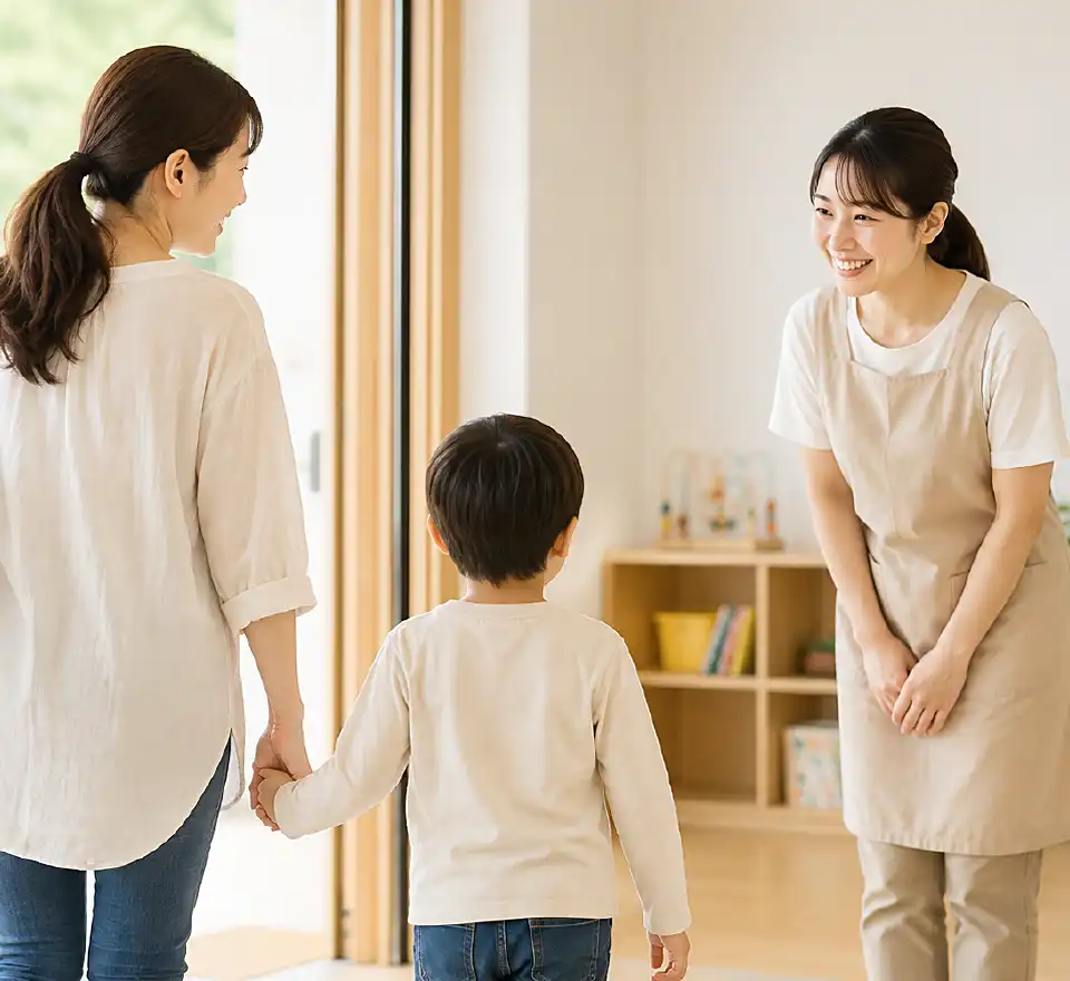 帰宅する親子と見送るスタッフ